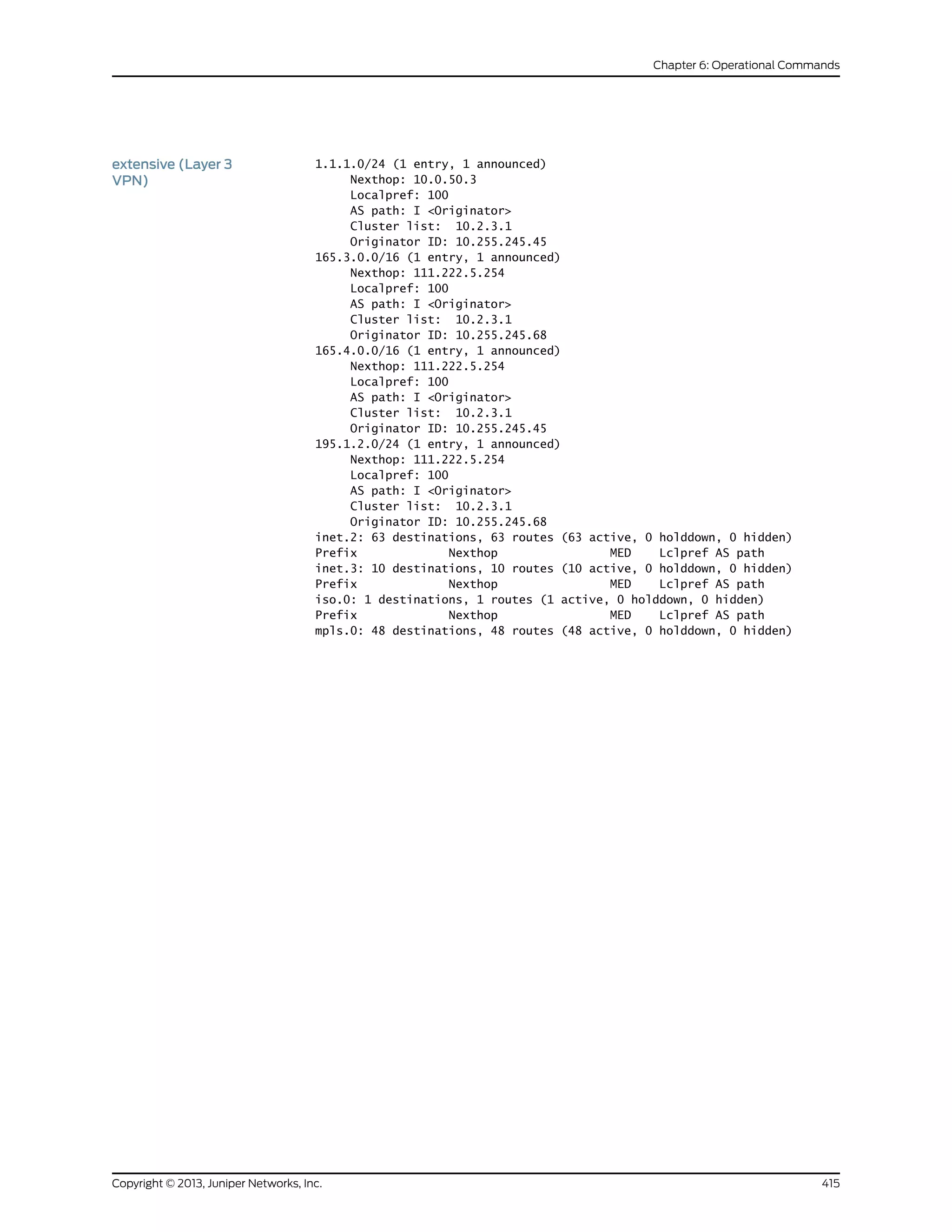 1.1.1.0/24 (1 entry, 1 announced)
Nexthop: 10.0.50.3
extensive (Layer 3
VPN)
Localpref: 100
AS path: I <Originator>
Cluster list: 10.2.3.1
Originator ID: 10.255.245.45
165.3.0.0/16 (1 entry, 1 announced)
Nexthop: 111.222.5.254
Localpref: 100
AS path: I <Originator>
Cluster list: 10.2.3.1
Originator ID: 10.255.245.68
165.4.0.0/16 (1 entry, 1 announced)
Nexthop: 111.222.5.254
Localpref: 100
AS path: I <Originator>
Cluster list: 10.2.3.1
Originator ID: 10.255.245.45
195.1.2.0/24 (1 entry, 1 announced)
Nexthop: 111.222.5.254
Localpref: 100
AS path: I <Originator>
Cluster list: 10.2.3.1
Originator ID: 10.255.245.68
inet.2: 63 destinations, 63 routes (63 active, 0 holddown, 0 hidden)
Prefix Nexthop MED Lclpref AS path
inet.3: 10 destinations, 10 routes (10 active, 0 holddown, 0 hidden)
Prefix Nexthop MED Lclpref AS path
iso.0: 1 destinations, 1 routes (1 active, 0 holddown, 0 hidden)
Prefix Nexthop MED Lclpref AS path
mpls.0: 48 destinations, 48 routes (48 active, 0 holddown, 0 hidden)
415Copyright © 2013, Juniper Networks, Inc.
Chapter 6: Operational Commands
 