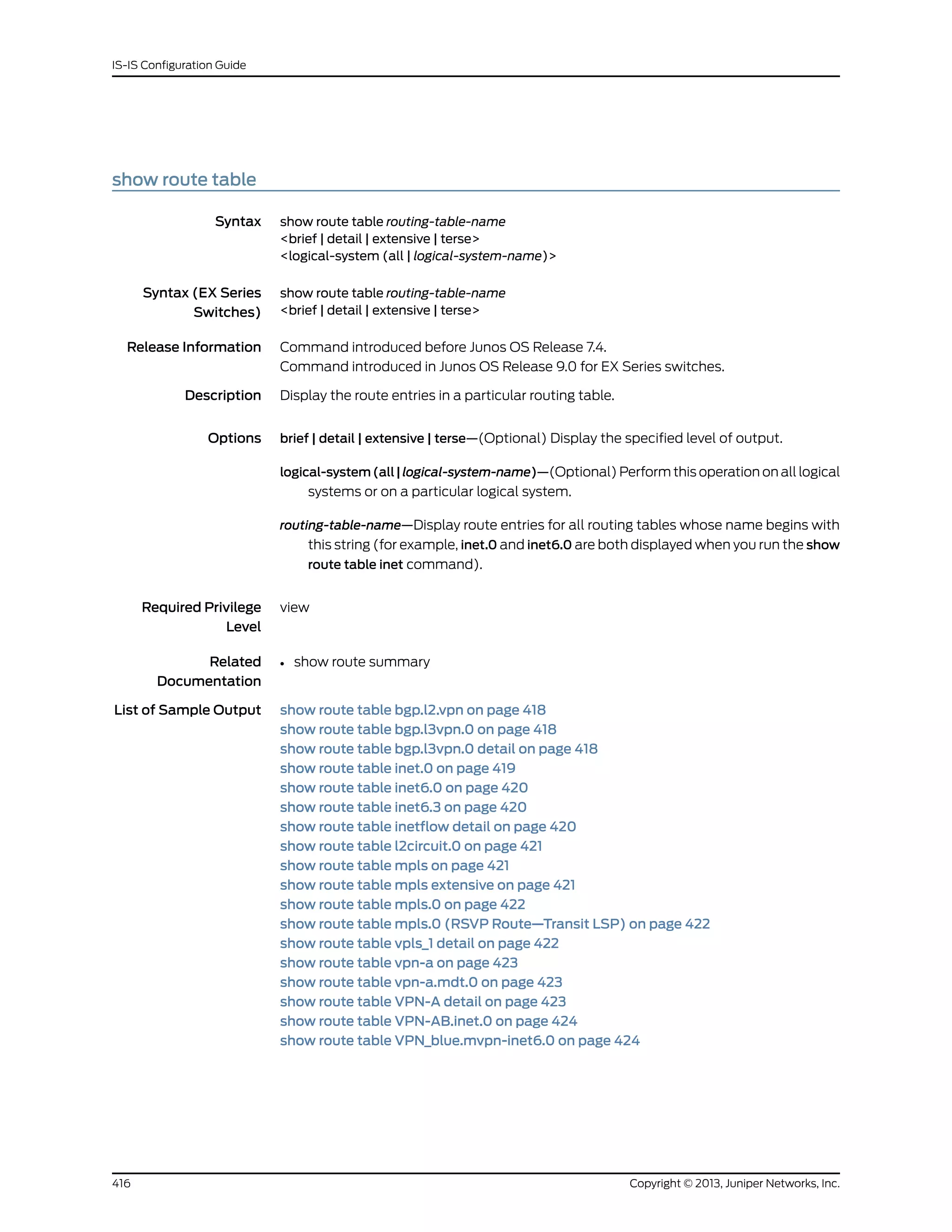 show route table
Syntax show route table routing-table-name
<brief | detail | extensive | terse>
<logical-system (all | logical-system-name)>
Syntax (EX Series
Switches)
show route table routing-table-name
<brief | detail | extensive | terse>
Release Information Command introduced before Junos OS Release 7.4.
Command introduced in Junos OS Release 9.0 for EX Series switches.
Description Display the route entries in a particular routing table.
Options brief | detail | extensive | terse—(Optional) Display the specified level of output.
logical-system(all|logical-system-name)—(Optional) Perform this operation on all logical
systems or on a particular logical system.
routing-table-name—Display route entries for all routing tables whose name begins with
this string (for example, inet.0 and inet6.0 are both displayed when you run the show
route table inet command).
Required Privilege
Level
view
Related
Documentation
show route summary•
List of Sample Output show route table bgp.l2.vpn on page 418
show route table bgp.l3vpn.0 on page 418
show route table bgp.l3vpn.0 detail on page 418
show route table inet.0 on page 419
show route table inet6.0 on page 420
show route table inet6.3 on page 420
show route table inetflow detail on page 420
show route table l2circuit.0 on page 421
show route table mpls on page 421
show route table mpls extensive on page 421
show route table mpls.0 on page 422
show route table mpls.0 (RSVP Route—Transit LSP) on page 422
show route table vpls_1 detail on page 422
show route table vpn-a on page 423
show route table vpn-a.mdt.0 on page 423
show route table VPN-A detail on page 423
show route table VPN-AB.inet.0 on page 424
show route table VPN_blue.mvpn-inet6.0 on page 424
Copyright © 2013, Juniper Networks, Inc.416
IS-IS Configuration Guide
 