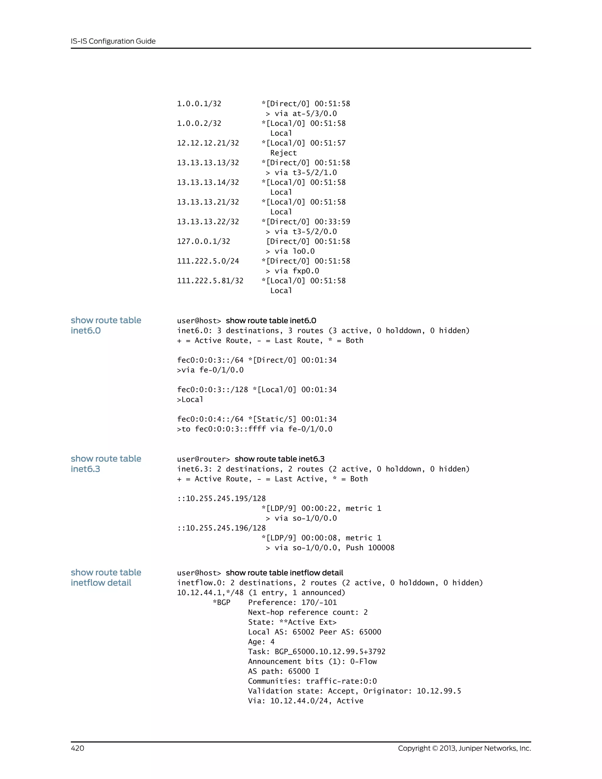 1.0.0.1/32 *[Direct/0] 00:51:58
> via at-5/3/0.0
1.0.0.2/32 *[Local/0] 00:51:58
Local
12.12.12.21/32 *[Local/0] 00:51:57
Reject
13.13.13.13/32 *[Direct/0] 00:51:58
> via t3-5/2/1.0
13.13.13.14/32 *[Local/0] 00:51:58
Local
13.13.13.21/32 *[Local/0] 00:51:58
Local
13.13.13.22/32 *[Direct/0] 00:33:59
> via t3-5/2/0.0
127.0.0.1/32 [Direct/0] 00:51:58
> via lo0.0
111.222.5.0/24 *[Direct/0] 00:51:58
> via fxp0.0
111.222.5.81/32 *[Local/0] 00:51:58
Local
show route table
inet6.0
user@host> show route table inet6.0
inet6.0: 3 destinations, 3 routes (3 active, 0 holddown, 0 hidden)
+ = Active Route, - = Last Route, * = Both
fec0:0:0:3::/64 *[Direct/0] 00:01:34
>via fe-0/1/0.0
fec0:0:0:3::/128 *[Local/0] 00:01:34
>Local
fec0:0:0:4::/64 *[Static/5] 00:01:34
>to fec0:0:0:3::ffff via fe-0/1/0.0
show route table
inet6.3
user@router> show route table inet6.3
inet6.3: 2 destinations, 2 routes (2 active, 0 holddown, 0 hidden)
+ = Active Route, - = Last Active, * = Both
::10.255.245.195/128
*[LDP/9] 00:00:22, metric 1
> via so-1/0/0.0
::10.255.245.196/128
*[LDP/9] 00:00:08, metric 1
> via so-1/0/0.0, Push 100008
show route table
inetflow detail
user@host> show route table inetflow detail
inetflow.0: 2 destinations, 2 routes (2 active, 0 holddown, 0 hidden)
10.12.44.1,*/48 (1 entry, 1 announced)
*BGP Preference: 170/-101
Next-hop reference count: 2
State: **Active Ext>
Local AS: 65002 Peer AS: 65000
Age: 4
Task: BGP_65000.10.12.99.5+3792
Announcement bits (1): 0-Flow
AS path: 65000 I
Communities: traffic-rate:0:0
Validation state: Accept, Originator: 10.12.99.5
Via: 10.12.44.0/24, Active
Copyright © 2013, Juniper Networks, Inc.420
IS-IS Configuration Guide
 