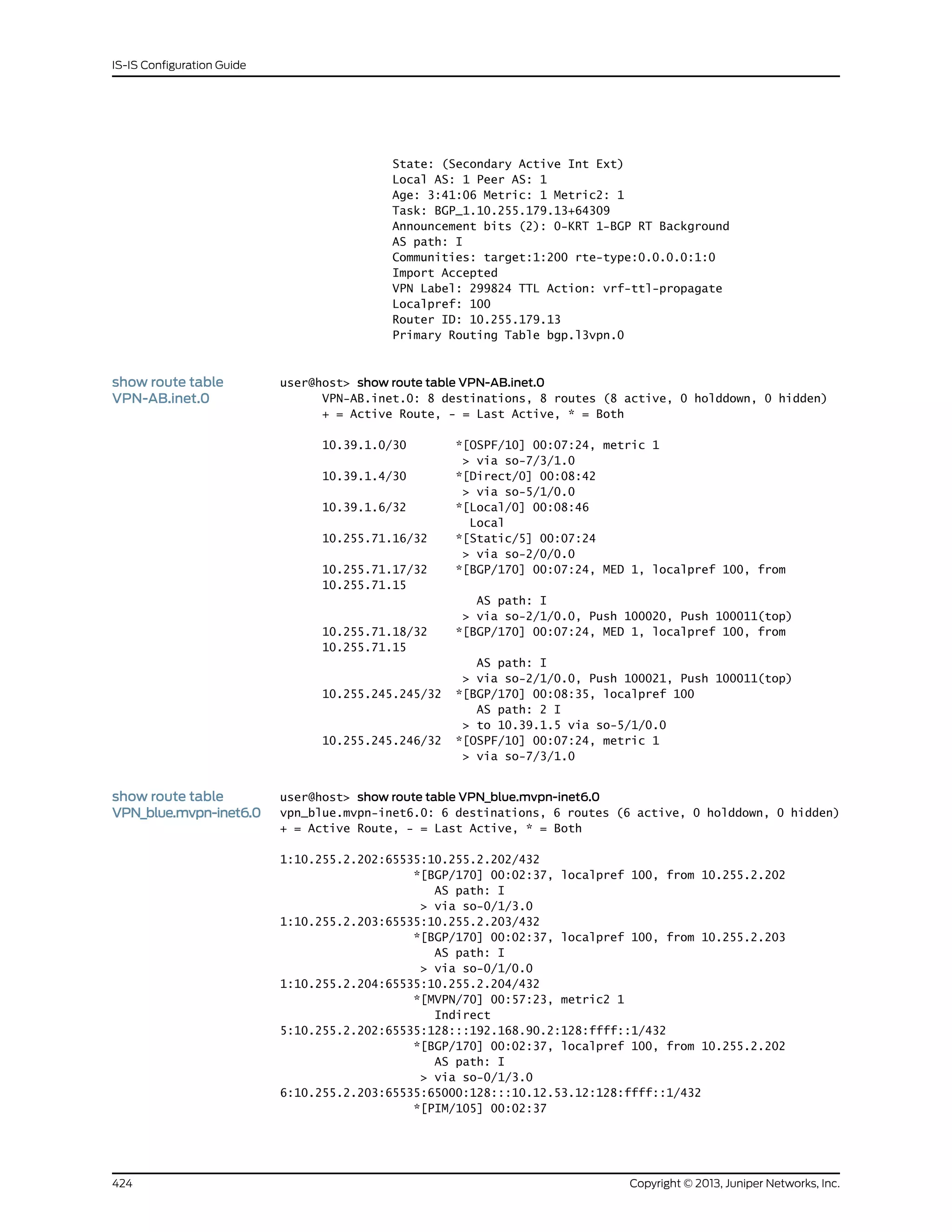 State: (Secondary Active Int Ext)
Local AS: 1 Peer AS: 1
Age: 3:41:06 Metric: 1 Metric2: 1
Task: BGP_1.10.255.179.13+64309
Announcement bits (2): 0-KRT 1-BGP RT Background
AS path: I
Communities: target:1:200 rte-type:0.0.0.0:1:0
Import Accepted
VPN Label: 299824 TTL Action: vrf-ttl-propagate
Localpref: 100
Router ID: 10.255.179.13
Primary Routing Table bgp.l3vpn.0
show route table
VPN-AB.inet.0
user@host> show route table VPN-AB.inet.0
VPN-AB.inet.0: 8 destinations, 8 routes (8 active, 0 holddown, 0 hidden)
+ = Active Route, - = Last Active, * = Both
10.39.1.0/30 *[OSPF/10] 00:07:24, metric 1
> via so-7/3/1.0
10.39.1.4/30 *[Direct/0] 00:08:42
> via so-5/1/0.0
10.39.1.6/32 *[Local/0] 00:08:46
Local
10.255.71.16/32 *[Static/5] 00:07:24
> via so-2/0/0.0
10.255.71.17/32 *[BGP/170] 00:07:24, MED 1, localpref 100, from
10.255.71.15
AS path: I
> via so-2/1/0.0, Push 100020, Push 100011(top)
10.255.71.18/32 *[BGP/170] 00:07:24, MED 1, localpref 100, from
10.255.71.15
AS path: I
> via so-2/1/0.0, Push 100021, Push 100011(top)
10.255.245.245/32 *[BGP/170] 00:08:35, localpref 100
AS path: 2 I
> to 10.39.1.5 via so-5/1/0.0
10.255.245.246/32 *[OSPF/10] 00:07:24, metric 1
> via so-7/3/1.0
show route table
VPN_blue.mvpn-inet6.0
user@host> show route table VPN_blue.mvpn-inet6.0
vpn_blue.mvpn-inet6.0: 6 destinations, 6 routes (6 active, 0 holddown, 0 hidden)
+ = Active Route, - = Last Active, * = Both
1:10.255.2.202:65535:10.255.2.202/432
*[BGP/170] 00:02:37, localpref 100, from 10.255.2.202
AS path: I
> via so-0/1/3.0
1:10.255.2.203:65535:10.255.2.203/432
*[BGP/170] 00:02:37, localpref 100, from 10.255.2.203
AS path: I
> via so-0/1/0.0
1:10.255.2.204:65535:10.255.2.204/432
*[MVPN/70] 00:57:23, metric2 1
Indirect
5:10.255.2.202:65535:128:::192.168.90.2:128:ffff::1/432
*[BGP/170] 00:02:37, localpref 100, from 10.255.2.202
AS path: I
> via so-0/1/3.0
6:10.255.2.203:65535:65000:128:::10.12.53.12:128:ffff::1/432
*[PIM/105] 00:02:37
Copyright © 2013, Juniper Networks, Inc.424
IS-IS Configuration Guide
 