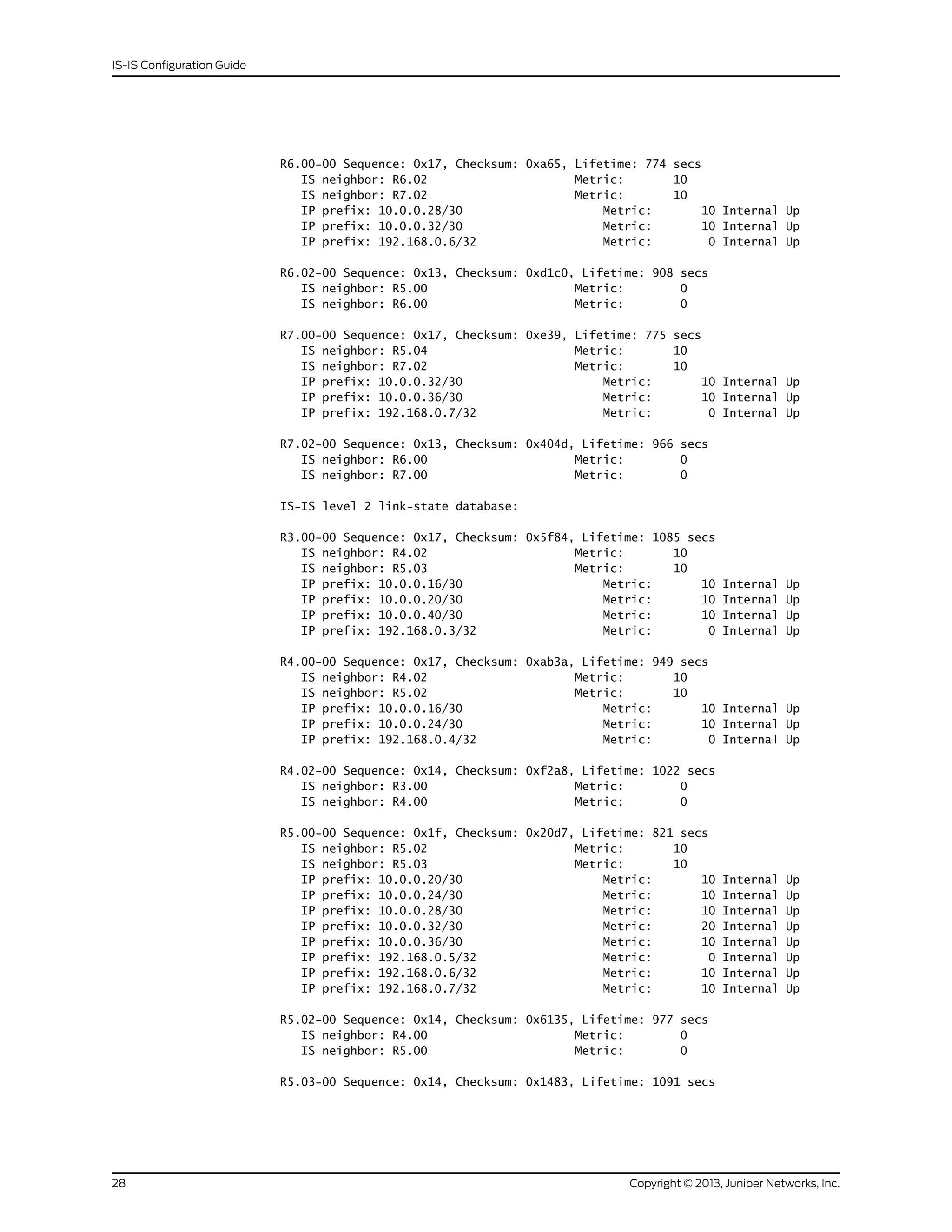 R6.00-00 Sequence: 0x17, Checksum: 0xa65, Lifetime: 774 secs
IS neighbor: R6.02 Metric: 10
IS neighbor: R7.02 Metric: 10
IP prefix: 10.0.0.28/30 Metric: 10 Internal Up
IP prefix: 10.0.0.32/30 Metric: 10 Internal Up
IP prefix: 192.168.0.6/32 Metric: 0 Internal Up
R6.02-00 Sequence: 0x13, Checksum: 0xd1c0, Lifetime: 908 secs
IS neighbor: R5.00 Metric: 0
IS neighbor: R6.00 Metric: 0
R7.00-00 Sequence: 0x17, Checksum: 0xe39, Lifetime: 775 secs
IS neighbor: R5.04 Metric: 10
IS neighbor: R7.02 Metric: 10
IP prefix: 10.0.0.32/30 Metric: 10 Internal Up
IP prefix: 10.0.0.36/30 Metric: 10 Internal Up
IP prefix: 192.168.0.7/32 Metric: 0 Internal Up
R7.02-00 Sequence: 0x13, Checksum: 0x404d, Lifetime: 966 secs
IS neighbor: R6.00 Metric: 0
IS neighbor: R7.00 Metric: 0
IS-IS level 2 link-state database:
R3.00-00 Sequence: 0x17, Checksum: 0x5f84, Lifetime: 1085 secs
IS neighbor: R4.02 Metric: 10
IS neighbor: R5.03 Metric: 10
IP prefix: 10.0.0.16/30 Metric: 10 Internal Up
IP prefix: 10.0.0.20/30 Metric: 10 Internal Up
IP prefix: 10.0.0.40/30 Metric: 10 Internal Up
IP prefix: 192.168.0.3/32 Metric: 0 Internal Up
R4.00-00 Sequence: 0x17, Checksum: 0xab3a, Lifetime: 949 secs
IS neighbor: R4.02 Metric: 10
IS neighbor: R5.02 Metric: 10
IP prefix: 10.0.0.16/30 Metric: 10 Internal Up
IP prefix: 10.0.0.24/30 Metric: 10 Internal Up
IP prefix: 192.168.0.4/32 Metric: 0 Internal Up
R4.02-00 Sequence: 0x14, Checksum: 0xf2a8, Lifetime: 1022 secs
IS neighbor: R3.00 Metric: 0
IS neighbor: R4.00 Metric: 0
R5.00-00 Sequence: 0x1f, Checksum: 0x20d7, Lifetime: 821 secs
IS neighbor: R5.02 Metric: 10
IS neighbor: R5.03 Metric: 10
IP prefix: 10.0.0.20/30 Metric: 10 Internal Up
IP prefix: 10.0.0.24/30 Metric: 10 Internal Up
IP prefix: 10.0.0.28/30 Metric: 10 Internal Up
IP prefix: 10.0.0.32/30 Metric: 20 Internal Up
IP prefix: 10.0.0.36/30 Metric: 10 Internal Up
IP prefix: 192.168.0.5/32 Metric: 0 Internal Up
IP prefix: 192.168.0.6/32 Metric: 10 Internal Up
IP prefix: 192.168.0.7/32 Metric: 10 Internal Up
R5.02-00 Sequence: 0x14, Checksum: 0x6135, Lifetime: 977 secs
IS neighbor: R4.00 Metric: 0
IS neighbor: R5.00 Metric: 0
R5.03-00 Sequence: 0x14, Checksum: 0x1483, Lifetime: 1091 secs
Copyright © 2013, Juniper Networks, Inc.28
IS-IS Configuration Guide
 