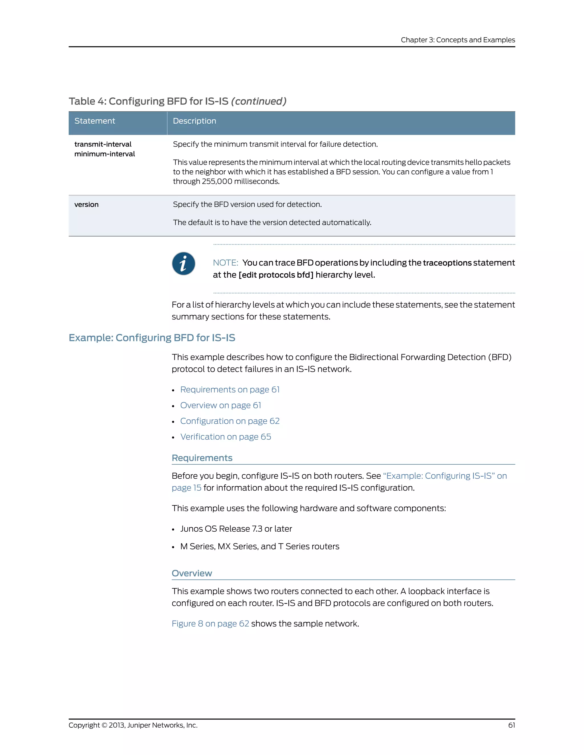 Table 4: Configuring BFD for IS-IS (continued)
DescriptionStatement
Specify the minimum transmit interval for failure detection.
This value represents the minimum interval at which the local routing device transmits hello packets
to the neighbor with which it has established a BFD session. You can configure a value from 1
through 255,000 milliseconds.
transmit-interval
minimum-interval
Specify the BFD version used for detection.
The default is to have the version detected automatically.
version
NOTE: You can trace BFD operations by including the traceoptions statement
at the [edit protocols bfd] hierarchy level.
For a list of hierarchy levels at which you can include these statements, see the statement
summary sections for these statements.
Example: Configuring BFD for IS-IS
This example describes how to configure the Bidirectional Forwarding Detection (BFD)
protocol to detect failures in an IS-IS network.
• Requirements on page 61
• Overview on page 61
• Configuration on page 62
• Verification on page 65
Requirements
Before you begin, configure IS-IS on both routers. See “Example: Configuring IS-IS” on
page 15 for information about the required IS-IS configuration.
This example uses the following hardware and software components:
• Junos OS Release 7.3 or later
• M Series, MX Series, and T Series routers
Overview
This example shows two routers connected to each other. A loopback interface is
configured on each router. IS-IS and BFD protocols are configured on both routers.
Figure 8 on page 62 shows the sample network.
61Copyright © 2013, Juniper Networks, Inc.
Chapter 3: Concepts and Examples
 
