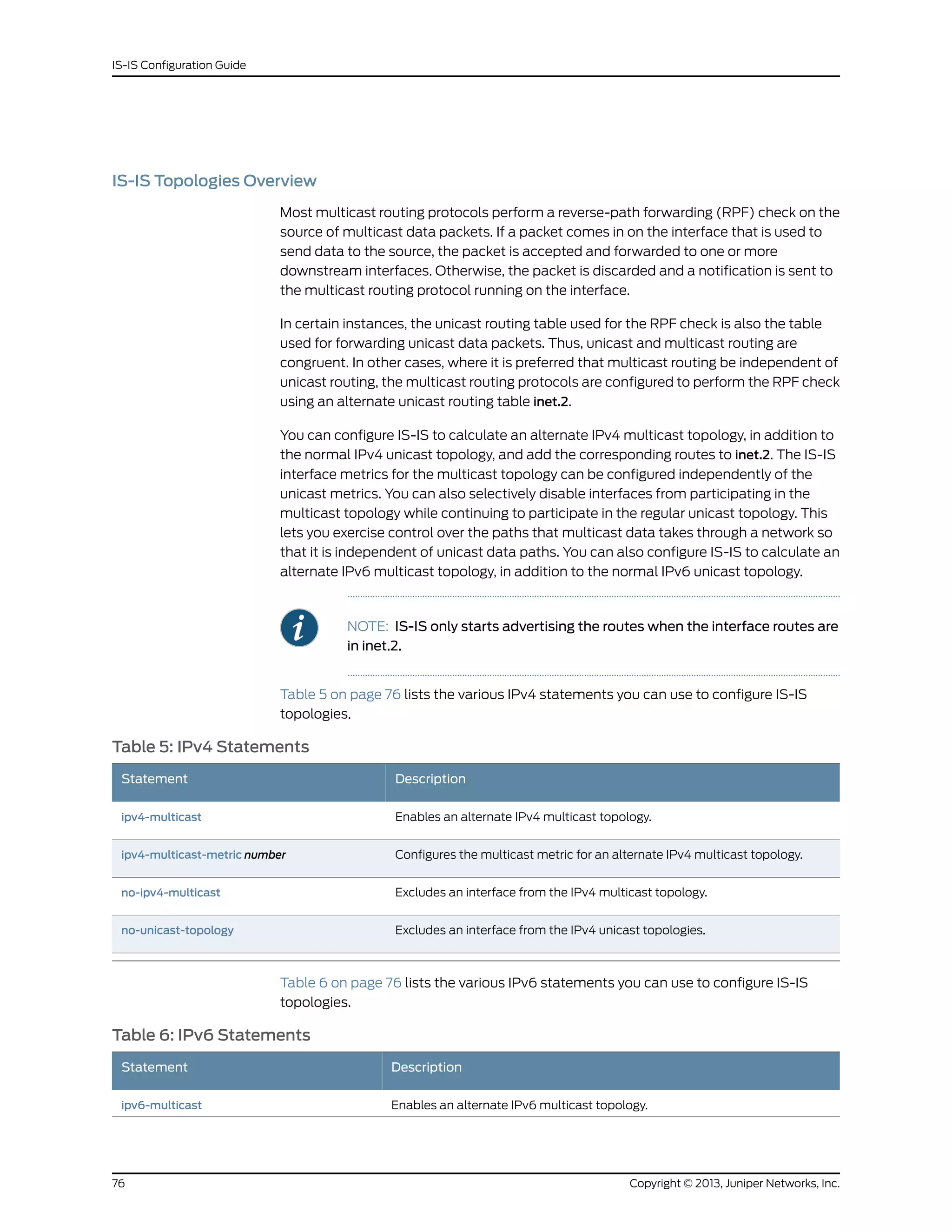 IS-IS Topologies Overview
Most multicast routing protocols perform a reverse-path forwarding (RPF) check on the
source of multicast data packets. If a packet comes in on the interface that is used to
send data to the source, the packet is accepted and forwarded to one or more
downstream interfaces. Otherwise, the packet is discarded and a notification is sent to
the multicast routing protocol running on the interface.
In certain instances, the unicast routing table used for the RPF check is also the table
used for forwarding unicast data packets. Thus, unicast and multicast routing are
congruent. In other cases, where it is preferred that multicast routing be independent of
unicast routing, the multicast routing protocols are configured to perform the RPF check
using an alternate unicast routing table inet.2.
You can configure IS-IS to calculate an alternate IPv4 multicast topology, in addition to
the normal IPv4 unicast topology, and add the corresponding routes to inet.2. The IS-IS
interface metrics for the multicast topology can be configured independently of the
unicast metrics. You can also selectively disable interfaces from participating in the
multicast topology while continuing to participate in the regular unicast topology. This
lets you exercise control over the paths that multicast data takes through a network so
that it is independent of unicast data paths. You can also configure IS-IS to calculate an
alternate IPv6 multicast topology, in addition to the normal IPv6 unicast topology.
NOTE: IS-IS only starts advertising the routes when the interface routes are
in inet.2.
Table 5 on page 76 lists the various IPv4 statements you can use to configure IS-IS
topologies.
Table 5: IPv4 Statements
DescriptionStatement
Enables an alternate IPv4 multicast topology.ipv4-multicast
Configures the multicast metric for an alternate IPv4 multicast topology.ipv4-multicast-metric number
Excludes an interface from the IPv4 multicast topology.no-ipv4-multicast
Excludes an interface from the IPv4 unicast topologies.no-unicast-topology
Table 6 on page 76 lists the various IPv6 statements you can use to configure IS-IS
topologies.
Table 6: IPv6 Statements
DescriptionStatement
Enables an alternate IPv6 multicast topology.ipv6-multicast
Copyright © 2013, Juniper Networks, Inc.76
IS-IS Configuration Guide
 