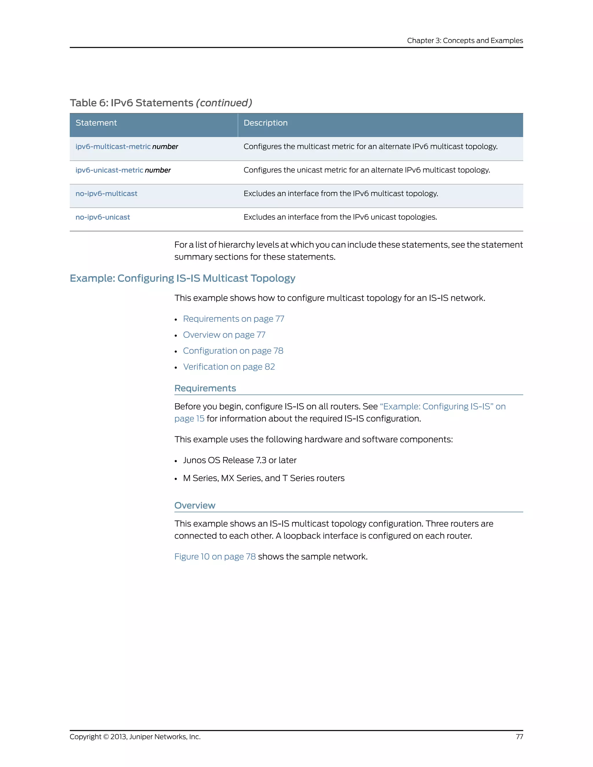 Table 6: IPv6 Statements (continued)
DescriptionStatement
Configures the multicast metric for an alternate IPv6 multicast topology.ipv6-multicast-metric number
Configures the unicast metric for an alternate IPv6 multicast topology.ipv6-unicast-metric number
Excludes an interface from the IPv6 multicast topology.no-ipv6-multicast
Excludes an interface from the IPv6 unicast topologies.no-ipv6-unicast
For a list of hierarchy levels at which you can include these statements, see the statement
summary sections for these statements.
Example: Configuring IS-IS Multicast Topology
This example shows how to configure multicast topology for an IS-IS network.
• Requirements on page 77
• Overview on page 77
• Configuration on page 78
• Verification on page 82
Requirements
Before you begin, configure IS-IS on all routers. See “Example: Configuring IS-IS” on
page 15 for information about the required IS-IS configuration.
This example uses the following hardware and software components:
• Junos OS Release 7.3 or later
• M Series, MX Series, and T Series routers
Overview
This example shows an IS-IS multicast topology configuration. Three routers are
connected to each other. A loopback interface is configured on each router.
Figure 10 on page 78 shows the sample network.
77Copyright © 2013, Juniper Networks, Inc.
Chapter 3: Concepts and Examples
 