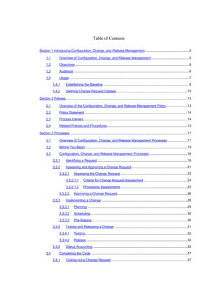 Table of Contents

Section 1 Introducing Configuration, Change, and Release Management................................................5

      1.1          Overview of Configuration, Change, and Release Management .........................................5

      1.2          Objectives............................................................................................................................6

      1.3          Audience .............................................................................................................................6

      1.4          Usage ..................................................................................................................................7

             1.4.1        Establishing the Baseline .............................................................................................9

             1.4.2        Defining Change Request Classes.............................................................................10

Section 2 Policies....................................................................................................................................13

      2.1          Overview of the Configuration, Change, and Release Management Policy.......................13

      2.2          Policy Statement................................................................................................................14

      2.3          Process Owners ................................................................................................................14

      2.4          Related Policies and Procedures.......................................................................................15

Section 3 Processes ...............................................................................................................................17

      3.1          Overview of Configuration, Change, and Release Management Processes .....................17

      3.2          Before You Begin ..............................................................................................................19

      3.3          Configuration, Change, and Release Management Processes .........................................19

             3.3.1        Identifying a Request..................................................................................................19

             3.3.2        Assessing and Approving a Change Request ............................................................21

                   3.3.2.1        Assessing the Change Request ........................................................................22

                          3.3.2.1.1         Criteria for Change Request Assessment ...............................................24

                          3.3.2.1.2         Processing Assessments ........................................................................25

                   3.3.2.2        Approving a Change Request............................................................................26

             3.3.3        Implementing a Change .............................................................................................28

                   3.3.3.1        Planning ............................................................................................................29

                   3.3.3.2        Scheduling.........................................................................................................30

                   3.3.3.3        Pre-Staging........................................................................................................30

             3.3.4        Testing and Releasing a Change ...............................................................................31

                   3.3.4.1        Testing...............................................................................................................32

                   3.3.4.2        Release .............................................................................................................33

             3.3.5        Status Accounting ......................................................................................................33

      3.4          Completing the Cycle ........................................................................................................37

             3.4.1        Closing out a Change Request...................................................................................37
 