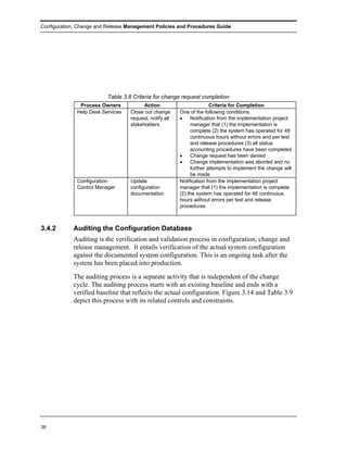 Configuration, Change and Release Management Policies and Procedures Guide




                          Table 3.8 Criteria for change request completion
               Process Owners            Action                        Criteria for Completion
              Help Desk Services   Close out change      One of the following conditions:
                                   request, notify all   •    Notification from the implementation project
                                   stakeholders               manager that (1) the implementation is
                                                              complete (2) the system has operated for 48
                                                              continuous hours without errors and per test
                                                              and release procedures (3) all status
                                                              accounting procedures have been completed
                                                         •    Change request has been denied
                                                         •    Change implementation was aborted and no
                                                              further attempts to implement the change will
                                                              be made
              Configuration        Update                Notification from the implementation project
              Control Manager      configuration         manager that (1) the implementation is complete
                                   documentation         (2) the system has operated for 48 continuous
                                                         hours without errors per test and release
                                                         procedures



3.4.2       Auditing the Configuration Database
            Auditing is the verification and validation process in configuration, change and
            release management. It entails verification of the actual system configuration
            against the documented system configuration. This is an ongoing task after the
            system has been placed into production.
            The auditing process is a separate activity that is independent of the change
            cycle. The auditing process starts with an existing baseline and ends with a
            verified baseline that reflects the actual configuration. Figure 3.14 and Table 3.9
            depict this process with its related controls and constraints.




38
 