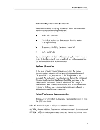 Section 4 Procedures




         Determine Implementation Parameters

         Examination of the following factors and issues will determine
         applicable implementation parameters:

         •        Risks and constraints

         •        Dependencies (up and downstream, impacts on the
                  existing baseline)

         •        Resource availability (personnel, material)

         •        SLAs and OLAs

         By examining these factors and issues during the review phase a
         better defined scope will emerge and will set the boundaries for
         the pre-implementation planning phase.

         Evaluate Alternatives

         In the case of major risks or impacts, or where the change
         implementation may (or will) adversely impact attainment of
         OLAs and/or SLAs, alternatives to the change need to be
         explored. An analysis of opportunities and threats that will result
         from not implementing the change should be compared to the
         opportunities and threats that will transpire if the change is
         implemented. The alternative evaluation will be included in the
         reviewer’s findings and recommendations in cases where it is
         appropriate to perform the evaluation.

         Submit Findings and Recommendations

         The reviewer’s report of findings and recommendations will be in
         the following form:

Table 4.2 Reviewer’s report of findings and recommendations

SECTION I. Request validation. What business needs are addressed? Is the requirement
redundant?, etc.)
SECTION II. Proposed solution (details of the solution that will meet requirements in the




                                                                                       55
 