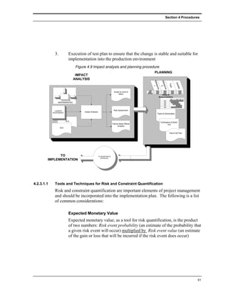 Section 4 Procedures




              3.            Execution of test plan to ensure that the change is stable and suitable for
                            implementation into the production environment
                                 Figure 4.9 Impact analysis and planning procedure
                                                                                                           PLANNING
                                 IMPACT
                                ANALYSIS




                                                                                                         Mile I


                                                                                                                      Mile 2




                                                                                                                                           Upd
                                                                                                                                   Tes
                                                                                                             ston


                                                                                                                          ston




                                                                                                                                            ate
                                                                                                                                    t
                                                                                                                  e


                                                                                                                               e
                                                                                                John         xxxx         xxxx      xxxx     xxxx
                                                                         Scope & Level of        Joe
                                                                                                Mary
                                                                                                             xxxx
                                                                                                             xxxx
                                                                                                                          xxxx
                                                                                                                          xxxx
                                                                                                                                    xxxx
                                                                                                                                    xxxx
                                                                                                                                             xxxx
                                                                                                                                             xxxx
                                                                              Effort           Richard       xxxx         xxxx      xxxx     xxxx
                                                                                                                    Roles &
                                                                                                                 Responsibilities
                                                                                                                                    M    T W Th F
                                                                                                                           xxx
                 DEPENDENCIES                                                                                              xxx
                                                                                                                           xxx
                                                                                                                           xxx
                                                                                                                           xxx

              CURRENT                                                    Risk Assessment
            ENVIRONMENT
                                      Impact Analysis
                                                                                                               Tasks & Deliverables



                          OLA
                                                                                                                      Contingency & Back-
                                                                        Failure Mode Effects                                  Out
                                                                              Analysis
                   SLA

                                                                                                                                   Test & QA Plan




              TO                                        PLAN REVIEW &
                                                          APPROVAL
        IMPLEMENTATION




4.2.3.1.1     Tools and Techniques for Risk and Constraint Quantification
              Risk and constraint quantification are important elements of project management
              and should be incorporated into the implementation plan. The following is a list
              of common considerations:

                            Expected Monetary Value
                            Expected monetary value, as a tool for risk quantification, is the product
                            of two numbers: Risk event probability (an estimate of the probability that
                            a given risk event will occur) multiplied by Risk event value (an estimate
                            of the gain or loss that will be incurred if the risk event does occur)




                                                                                                                                                    61
 
