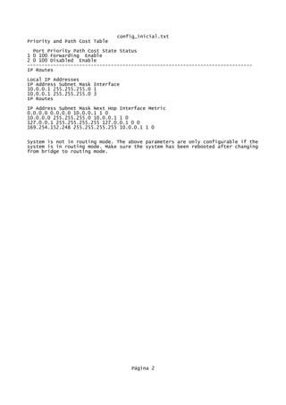 config_inicial.txt
Priority and Path Cost Table
  Port Priority Path Cost State Status
1 0 100 Forwarding Enable
2 0 100 Disabled Enable
------------------------------------------------------------------------------
IP Routes
Local IP Addresses
IP Address Subnet Mask Interface
10.0.0.1 255.255.255.0 1
10.0.0.1 255.255.255.0 3
IP Routes
IP Address Subnet Mask Next Hop Interface Metric
0.0.0.0 0.0.0.0 10.0.0.1 1 0
10.0.0.0 255.255.255.0 10.0.0.1 1 0
127.0.0.1 255.255.255.255 127.0.0.1 0 0
169.254.152.248 255.255.255.255 10.0.0.1 1 0


System is not in routing mode. The above parameters are only configurable if the
system is in routing mode. Make sure the system has been rebooted after changing
from bridge to routing mode.




                                    Página 2
 