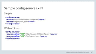 Copyright © 2016, Oracle and/or its affiliates. All rights reserved.
Sample config-sources.xml
28
Simple
With ordinals
<config-sources>
<source>http://shared:8080/config.xml</source>
<source>/cfg/myconf.json</source>
</config-sources>
<config-sources>
<source ordinal="500">http://shared:8080/config.xml</source>
<source ordinal="450">/cfg/myconf.json</source>
</config-sources>
 