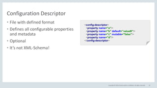Copyright © 2016, Oracle and/or its affiliates. All rights reserved.
Configuration Descriptor
32
• File with defined format
• Defines all configurable properties
and metadata
• Optional
• It’s not XML-Schema!
<config-descriptor>
<property name="a"/>
<property name="b" default=”valueB"/>
<property name="c" mutable="false"/>
<property name="d"/>
</config-descriptor>
 