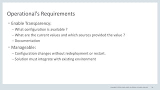 Copyright © 2016, Oracle and/or its affiliates. All rights reserved. 46
Operational's Requirements
• Enable Transparency:
– What configuration is available ?
– What are the current values and which sources provided the value ?
– Documentation
• Manageable:
– Configuration changes without redeployment or restart.
– Solution must integrate with existing environment
 