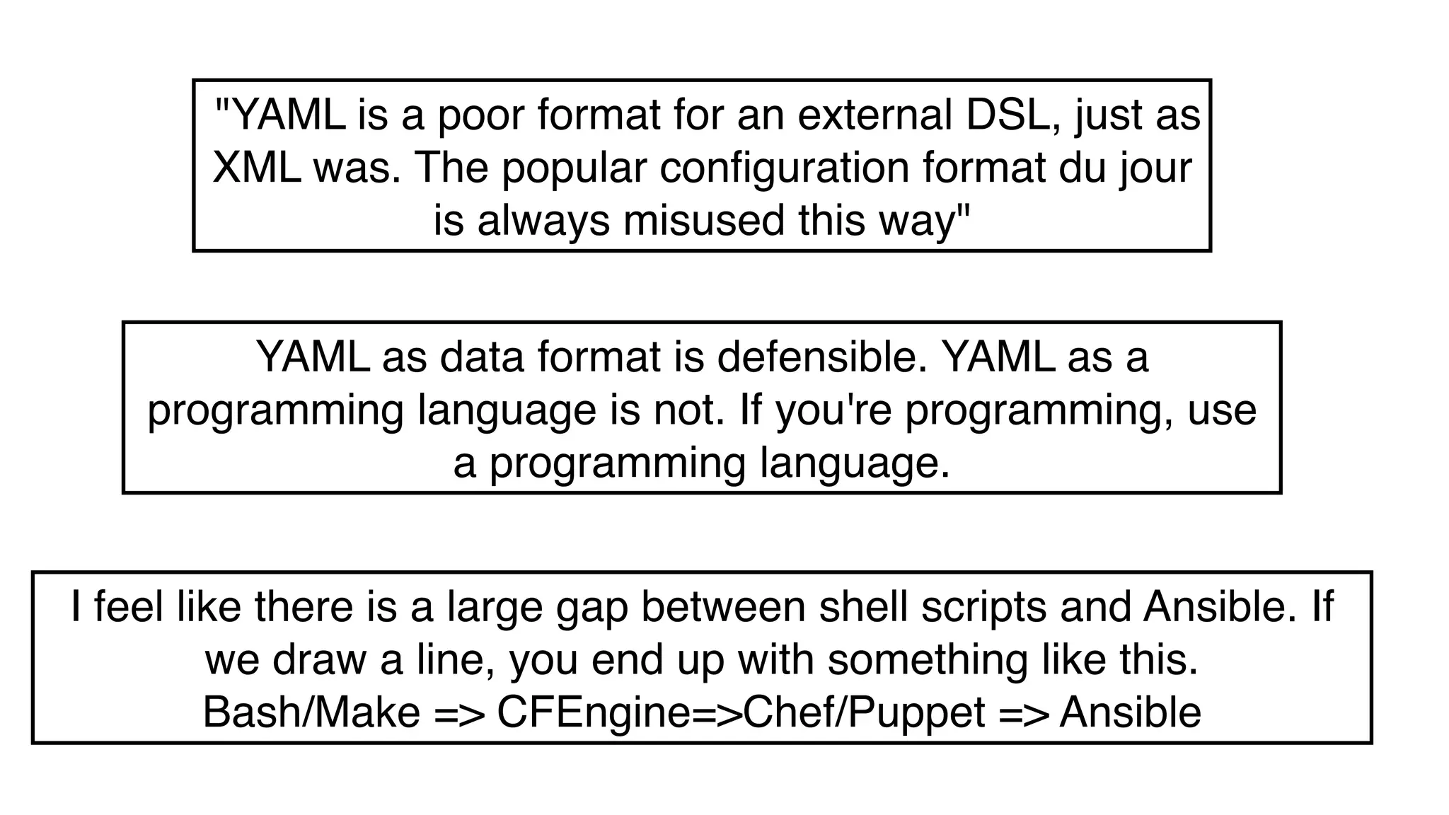 "YAML is a poor format for an external DSL, just as
XML was. The popular configuration format du jour
is always misused this way"
YAML as data format is defensible. YAML as a
programming language is not. If you're programming, use
a programming language.
I feel like there is a large gap between shell scripts and Ansible. If
we draw a line, you end up with something like this.
Bash/Make => CFEngine=>Chef/Puppet => Ansible
 