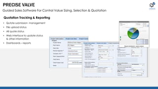 PRECISE VALVE 
Guided Sales Software For Control Value Sizing, Selection & Quotation 
Quotation Tracking & Reporting 
• Qutote submission management 
• File upload status 
• All quote status 
• Web interface to update status 
& other information 
• Dashboards – reports 
 