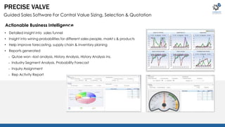 PRECISE VALVE 
Guided Sales Software For Control Value Sizing, Selection & Quotation 
Actionable Business Intelligence 
• Detailed insight into sales funnel 
• Insight into wining probabilities for different sales people, markt s & products 
• Help improve forecasting, supply chain & inventory planing 
• Reports generated 
• Qutoe won –lost analysis, History Analysis, History Analysis ins. 
• Industry Segment Analysis, Probability Forecast 
• Inquiry Assignment 
• Rep Activity Report 
 
