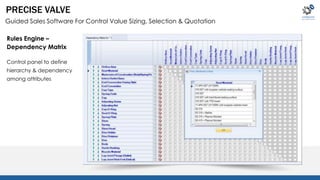PRECISE VALVE 
Guided Sales Software For Control Value Sizing, Selection & Quotation 
Rules Engine – 
Dependency Matrix 
Control panel to define 
hierarchy & dependency 
among attributes 
 