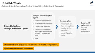 PRECISE VALVE 
Guided Sales Software For Control Value Sizing, Selection & Quotation 
Guided Selection – 
Through Alternative Option 
Compare alternative options 
against 
• Single service conditions 
• Multiple service conditions 
• Construction attributes 
• Performance attributes-flow 
characteristics, travel 
%, rated CV, predicted 
noise, 
• Price 
Compare options 
• Graphically, for 
flow curves plotted 
against service 
conditions 
• As configuration 
data 
Select best-fir 
option against 
the most 
critical 
parameter//s 
Choose the best fit for purpose valve from a set of valid configurations, 
against key performance parameters 
 
