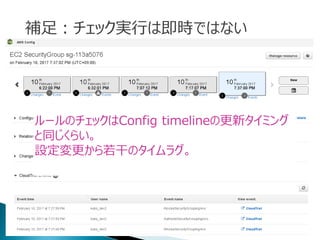 補足：チェック実行は即時ではない
ルールのチェックはConfig timelineの更新タイミング
と同じくらい。
設定変更から若干のタイムラグ。
 