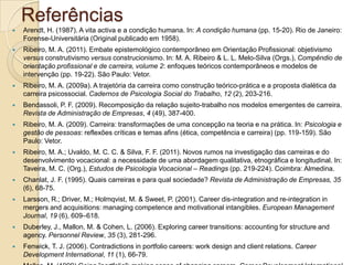 Referências


Arendt, H. (1987). A vita activa e a condição humana. In: A condição humana (pp. 15-20). Rio de Janeiro:
Forense-Universitária (Original publicado em 1958).



Ribeiro, M. A. (2011). Embate epistemológico contemporâneo em Orientação Profissional: objetivismo
versus construtivismo versus construcionismo. In: M. A. Ribeiro & L. L. Melo-Silva (Orgs.), Compêndio de
orientação profissional e de carreira, volume 2: enfoques teóricos contemporâneos e modelos de
intervenção (pp. 19-22). São Paulo: Vetor.



Ribeiro, M. A. (2009a). A trajetória da carreira como construção teórico-prática e a proposta dialética da
carreira psicossocial. Cadernos de Psicologia Social do Trabalho, 12 (2), 203-216.



Bendassoli, P. F. (2009). Recomposição da relação sujeito-trabalho nos modelos emergentes de carreira.
Revista de Administração de Empresas, 4 (49), 387-400.



Ribeiro, M. A. (2009). Carreira: transformações de uma concepção na teoria e na prática. In: Psicologia e
gestão de pessoas: reflexões críticas e temas afins (ética, competência e carreira) (pp. 119-159). São
Paulo: Vetor.



Ribeiro, M. A.; Uvaldo, M. C. C. & Silva, F. F. (2011). Novos rumos na investigação das carreiras e do
desenvolvimento vocacional: a necessidade de uma abordagem qualitativa, etnográfica e longitudinal. In:
Taveira, M. C. (Org.), Estudos de Psicologia Vocacional – Readings (pp. 219-224). Coimbra: Almedina.



Chanlat, J. F. (1995). Quais carreiras e para qual sociedade? Revista de Administração de Empresas, 35
(6), 68-75.



Larsson, R.; Driver, M.; Holmqvist, M. & Sweet, P. (2001). Career dis-integration and re-integration in
mergers and acquisitions: managing competence and motivational intangibles. European Management
Journal, 19 (6), 609–618.



Duberley, J., Mallon, M. & Cohen, L. (2006). Exploring career transitions: accounting for structure and
agency. Personnel Review, 35 (3), 281-296.



Fenwick, T. J. (2006). Contradictions in portfolio careers: work design and client relations. Career
Development International, 11 (1), 66-79.

 