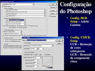 Configuração
do Photoshop
  • Config. RGB
    Setup – Adobe
    Gamma


  • Config. CMYK
    Setup
    UCR – Remoção
    de cores
    sobrepostas
    GCR – Remoção
    do componente
    cinza
 