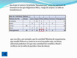 En el que si vamos a la pestaña "Resumen por" están las opciones de
resumen en las que elegiremos Máx y luego de aceptar, la tabla se
transforma en:




que nos dice, por ejemplo, que la cantidad Máxima de maquinarias
que vendió Peña es 9, como se ve en el recuadro rojo, en forma
adicional podemos ver que esta cantidad fue vendida a Brasil (
verificar con la tabla de partida o base de datos).
 