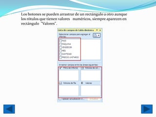 Los botones se pueden arrastrar de un rectángulo a otro aunque
los rótulos que tienen valores numéricos, siempre aparecen en
rectángulo "Valores".
 