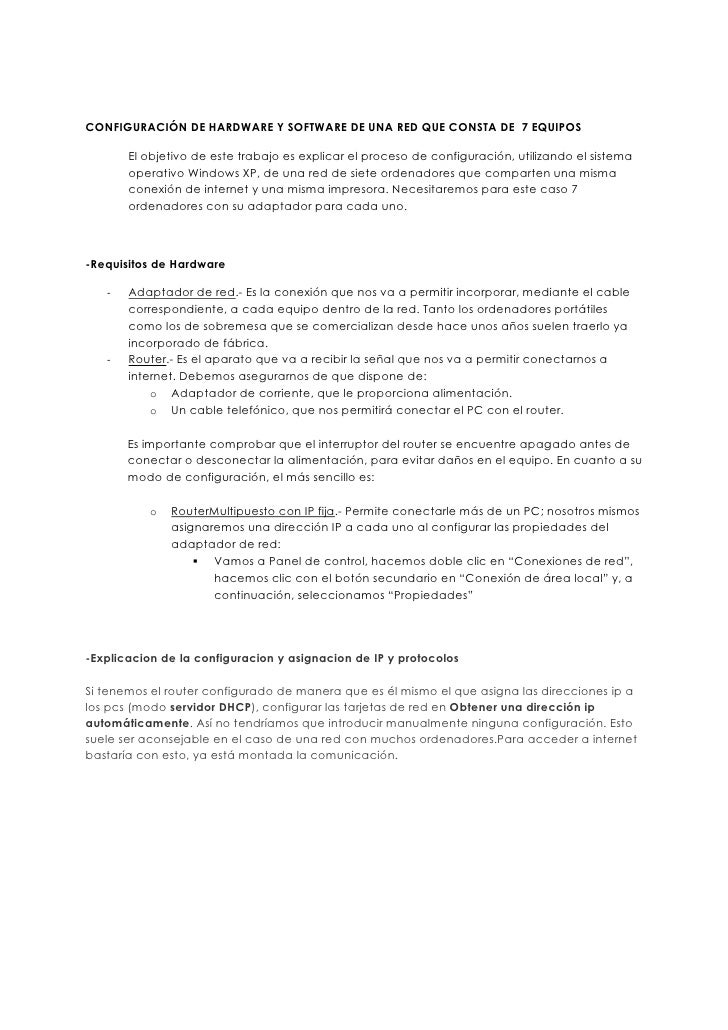 Configuracion De Hardware Y Software De Una Red Que Consta De 7 Equ