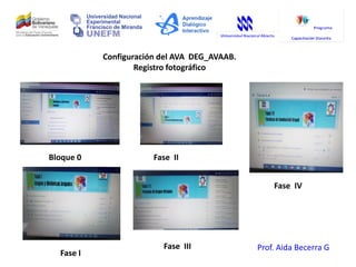Configuración del AVA DEG_AVAAB.
Registro fotográfico
Bloque 0
Fase I
Fase II
Fase III
Fase IV
Prof. Aida Becerra G
 
