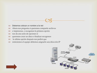 








Debemos colocar un nombre a la red
Ahora nos pregunta si queremos compartir archivos
e impresoras, y escogemos la primera opción
nos da una serie de opciones si
queremos crear un disco o finalizar escogemos
la ultima opción después nos pedirá que
reiniciemos el equipo debemos asignarle una dirección IP

 