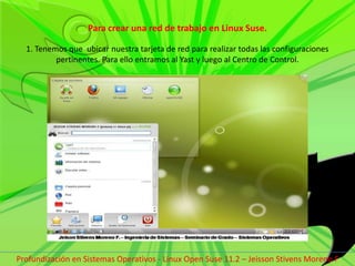 Para crear una red de trabajo en Linux Suse.1. Tenemos que  ubicar nuestra tarjeta de red para realizar todas las configuraciones pertinentes. Para ello entramos al Yast y luego al Centro de Control.Profundización en Sistemas Operativos - Linux Open Suse 11.2 – Jeisson Stivens Moreno F 