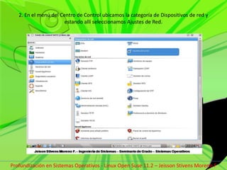 2. En el menú del Centro de Control ubicamos la categoría de Dispositivos de red y estando allí seleccionamos Ajustes de Red.Profundización en Sistemas Operativos - Linux Open Suse 11.2 – Jeisson Stivens Moreno F 
