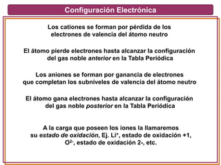 Configuración Electrónica
Los cationes se forman por pérdida de los
electrones de valencia del átomo neutro
El átomo pierde electrones hasta alcanzar la configuración
del gas noble anterior en la Tabla Periódica
Los aniones se forman por ganancia de electrones
que completan los subniveles de valencia del átomo neutro
El átomo gana electrones hasta alcanzar la configuración
del gas noble posterior en la Tabla Periódica
A la carga que poseen los iones la llamaremos
su estado de oxidación, Ej. Li+, estado de oxidación +1,
O2-, estado de oxidación 2-, etc.
 