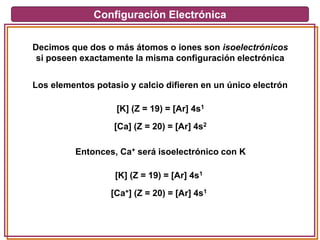 Configuración Electrónica
Decimos que dos o más átomos o iones son isoelectrónicos
si poseen exactamente la misma configuración electrónica
Los elementos potasio y calcio difieren en un único electrón
[K] (Z = 19) = [Ar] 4s1
[Ca] (Z = 20) = [Ar] 4s2
Entonces, Ca+ será isoelectrónico con K
[K] (Z = 19) = [Ar] 4s1
[Ca+] (Z = 20) = [Ar] 4s1
 