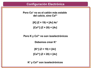 Configuración Electrónica
Pero Ca+ no es el catión más estable
del calcio, sino Ca2+
[K] (Z = 19) = [Ar] 4s1
[Ca2+] (Z = 20) = [Ar]
Pero K y Ca2+ no son isoelectrónicos
Debemos crear K+
[K+] (Z = 19) = [Ar]
[Ca2+] (Z = 20) = [Ar]
K+ y Ca2+ son isoelectrónicos
 