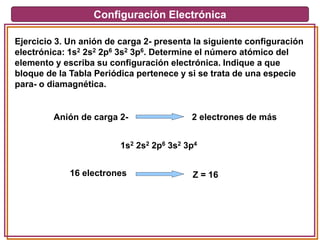 Configuración Electrónica
Ejercicio 3. Un anión de carga 2- presenta la siguiente configuración
electrónica: 1s2 2s2 2p6 3s2 3p6. Determine el número atómico del
elemento y escriba su configuración electrónica. Indique a que
bloque de la Tabla Periódica pertenece y si se trata de una especie
para- o diamagnética.
Anión de carga 2- 2 electrones de más
1s2 2s2 2p6 3s2 3p4
16 electrones Z = 16
 