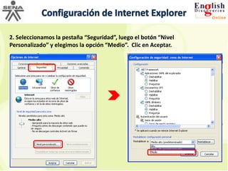 Configuración de Internet Explorer2. Seleccionamos la pestaña “Seguridad”, luego el botón “Nivel Personalizado” y elegimos la opción “Medio”. Clic en Aceptar.