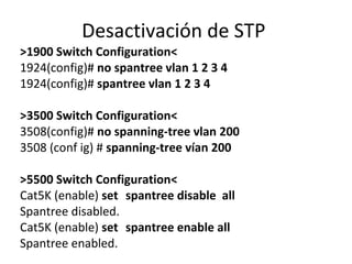 Desactivación de STP
>1900 Switch Configuration<
1924(config)# no spantree vlan 1 2 3 4
1924(config)# spantree vlan 1 2 3 4
>3500 Switch Configuration<
3508(config)# no spanning-tree vlan 200
3508 (conf ig) # spanning-tree vían 200
>5500 Switch Configuration<
Cat5K (enable) set spantree disable all
Spantree disabled.
Cat5K (enable) set spantree enable all
Spantree enabled.
 