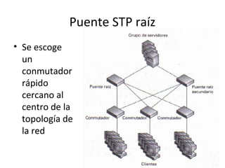 Puente STP raíz
• Se escoge
un
conmutador
rápido
cercano al
centro de la
topología de
la red
 