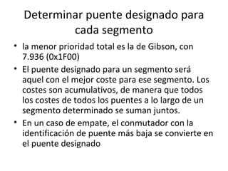 Determinar puente designado para
cada segmento
• la menor prioridad total es la de Gibson, con
7.936 (0x1F00)
• El puente designado para un segmento será
aquel con el mejor coste para ese segmento. Los
costes son acumulativos, de manera que todos
los costes de todos los puentes a lo largo de un
segmento determinado se suman juntos.
• En un caso de empate, el conmutador con la
identificación de puente más baja se convierte en
el puente designado
 