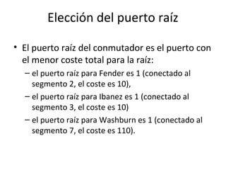 Elección del puerto raíz
• El puerto raíz del conmutador es el puerto con
el menor coste total para la raíz:
– el puerto raíz para Fender es 1 (conectado al
segmento 2, el coste es 10),
– el puerto raíz para Ibanez es 1 (conectado al
segmento 3, el coste es 10)
– el puerto raíz para Washburn es 1 (conectado al
segmento 7, el coste es 110).
 