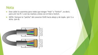Nota
Este cable lo usaremos para redes que tengan “Hub” o “Switch”, es decir,
para unir los Pc´s con las rosetas y éstas con el Hub o Switch.
NOTA: Siempre la “patilla” del conector RJ45 hacia abajo y de izqda. (pin 1) a
dcha. (pin 8)