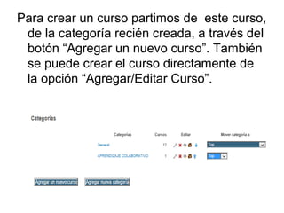 Para crear un curso partimos de este curso,
de la categoría recién creada, a través del
botón “Agregar un nuevo curso”. También
se puede crear el curso directamente de
la opción “Agregar/Editar Curso”.

 