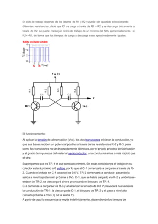 El ciclo de trabajo depende de los valores de R1 y R2 y puede ser ajustado seleccionando
diferentes resistencias, dado que C1 se carga a través de R1 + R2 y se descarga únicamente a
través de R2, se puede conseguir ciclos de trabajo de un mínimo del 50% aproximadamente, si
R2>>R1, de forma que los tiempos de carga y descarga sean aproximadamente iguales.
El funcionamiento:
Al aplicar la tensión de alimentación (Vcc), los dos transistores iniciaran la conducción, ya
que sus bases reciben un potencial positivo a través de las resistencias R-2 y R-3, pero
como los transistores no serán exactamente idénticos, por el propio proceso de fabricación
y el grado de impurezas del material semiconductor, uno conducirá antes o más rápido que
el otro.
Supongamos que es TR-1 el que conduce primero. En estas condiciones el voltaje en su
colector estará próximo a 0 voltios, por lo que el C-1 comenzará a cargarse a través de R-
2. Cuando el voltaje en C-1 alcance los 0,6 V, TR-2 comenzará a conducir, pasando la
salida a nivel bajo (tensión próxima a 0V). C-1, que se había cargado vía R-2 y unión base-
emisor de TR-2, se descargará ahora provocando el bloqueo de TR-1.
C-2 comienza a cargarse vía R-3 y al alcanzar la tensión de 0,6 V provocará nuevamente
la conducción de TR-1, la descarga de C-1, el bloqueo de TR-2 y el pase a nivel alto
(tensión próxima a Vcc (+) de la salida Y).
A partir de aquí la secuencia se repite indefinidamente, dependiendo los tiempos de
 