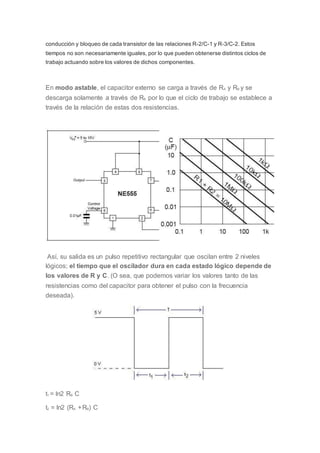 conducción y bloqueo de cada transistor de las relaciones R-2/C-1 y R-3/C-2. Estos
tiempos no son necesariamente iguales, por lo que pueden obtenerse distintos ciclos de
trabajo actuando sobre los valores de dichos componentes.
En modo astable, el capacitor externo se carga a través de RA y RB y se
descarga solamente a través de RB por lo que el ciclo de trabajo se establece a
través de la relación de estas dos resistencias.
Así, su salida es un pulso repetitivo rectangular que oscilan entre 2 niveles
lógicos; el tiempo que el oscilador dura en cada estado lógico depende de
los valores de R y C. (O sea, que podemos variar los valores tanto de las
resistencias como del capacitor para obtener el pulso con la frecuencia
deseada).
t1 = ln2 RB C
t2 = ln2 (RA +RB) C
 