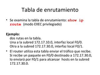 Tabla de enrutamiento Se examina la tabla de enrutamiento:  show ip route  (modo EXEC privilegiado)  Ejemplo: dos rutas en la tabla.  Una a la subred 172.17.10.0, interfaz local F0/0.  Otra a la subred 172.17.30.0, interfaz local F0/1.  El router utiliza esta tabla enviar el tráfico que recibe. Si recibe un paquete en F0/0 destinado a 172.17.30.0, lo enviará por F0/1 para alcanzar  hosts en la subred 172.17.30.0. 
