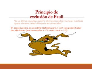 Principio de 
exclusión de Pauli 
“En un átomo no pueden existir 2 electrones con los 4 números cuantiaos 
iguales al menos deben diferenciar en uno de ellos” 
En consecuencia, en un orbital (definido por n, l y m) solo puede haber 
dos electrones (uno con espín s = + ½ y otro con s = -1/2). 
 