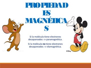 PROPIEDAD 
ES 
MAGNÉTICA 
S 
Si la molécula tiene electrones 
desapareados Þ paramagnética. 
Si la molécula no tiene electrones 
desapareados Þ diamagnética. 
 