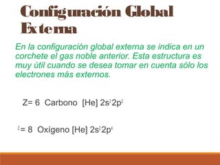 Configuración Global 
Externa 
En la configuración global externa se indica en un 
corchete el gas noble anterior. Esta estructura es 
muy útil cuando se desea tomar en cuenta sólo los 
electrones más externos. 
Z= 6 Carbono [He] 2s2 2p2 
Z = 8 Oxígeno [He] 2s2 2p4 
 