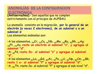 ANOMALÍAS DE LA CONFIGURACION
ANOMALÍAS DE LA CONFIGURACION
ANOMALÍAS DE LA CONFIGURACION
ANOMALÍAS DE LA CONFIGURACION
ELECTRÓNICA
ELECTRÓNICA
ELECTRÓNICA
ELECTRÓNICA
(Antiserruchos).- Son aquellos que no cumplen
estrictamente con el principio de AUFBAU.
La anomalía consiste en la migración, por lo general de un
electrón (a veces 2 electrones), de un subnivel s a un
subnivel d
Los elementos anómalos son:
•A los elementos, 24Cr, 29Cu, 41Nb, 42Mo, 44Ru, 45Rh, 47Ag;
78Pt, 79Au, reste un electrón al subnivel s, y agregue al
subnivel d.
•A; 46Pd, resta 2e- al subnivel s y agregue al subnivel
d.
•A los elementos 57La, 64Gd, 89Ac, 91Pa, 92U, 93Np, 96Cm, 97Bk,
reste 1 e- al subnivel f y agregue al subnivel d.
•A, 90Th; reste 2e- al subnivel f y agregue al sub nivel d.
 