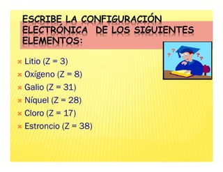 ESCRIBE LA CONFIGURACIÓN
ELECTRÓNICA DE LOS SIGUIENTES
ELEMENTOS:
 Litio (Z = 3)
 Oxígeno (Z = 8)
 Galio (Z = 31)
 Níquel (Z = 28)
 Cloro (Z = 17)
 Estroncio (Z = 38)
 